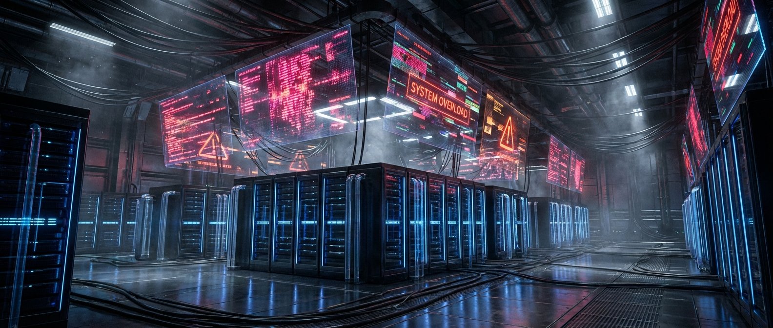 Sala de servidores futurista con múltiples racks de servidores iluminados en azul y pantallas holográficas que muestran datos, código y advertencias de 'SYSTEM OVERLOAD' en rojo.