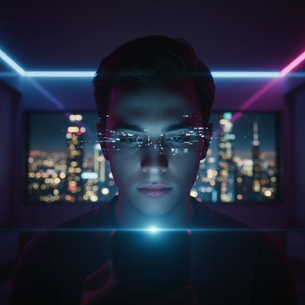 Joven con superposiciones digitales en los ojos mirando un teléfono inteligente brillante en una habitación oscura, con un fondo de luces de ciudad nocturnas y líneas de luz de neón azul y rosa.