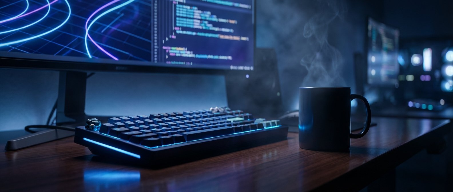Escritorio de trabajo nocturno con un teclado mecánico retroiluminado en azul, un monitor mostrando código de programación y gráficos abstractos de neón, y una taza humeante sobre una mesa de madera.
