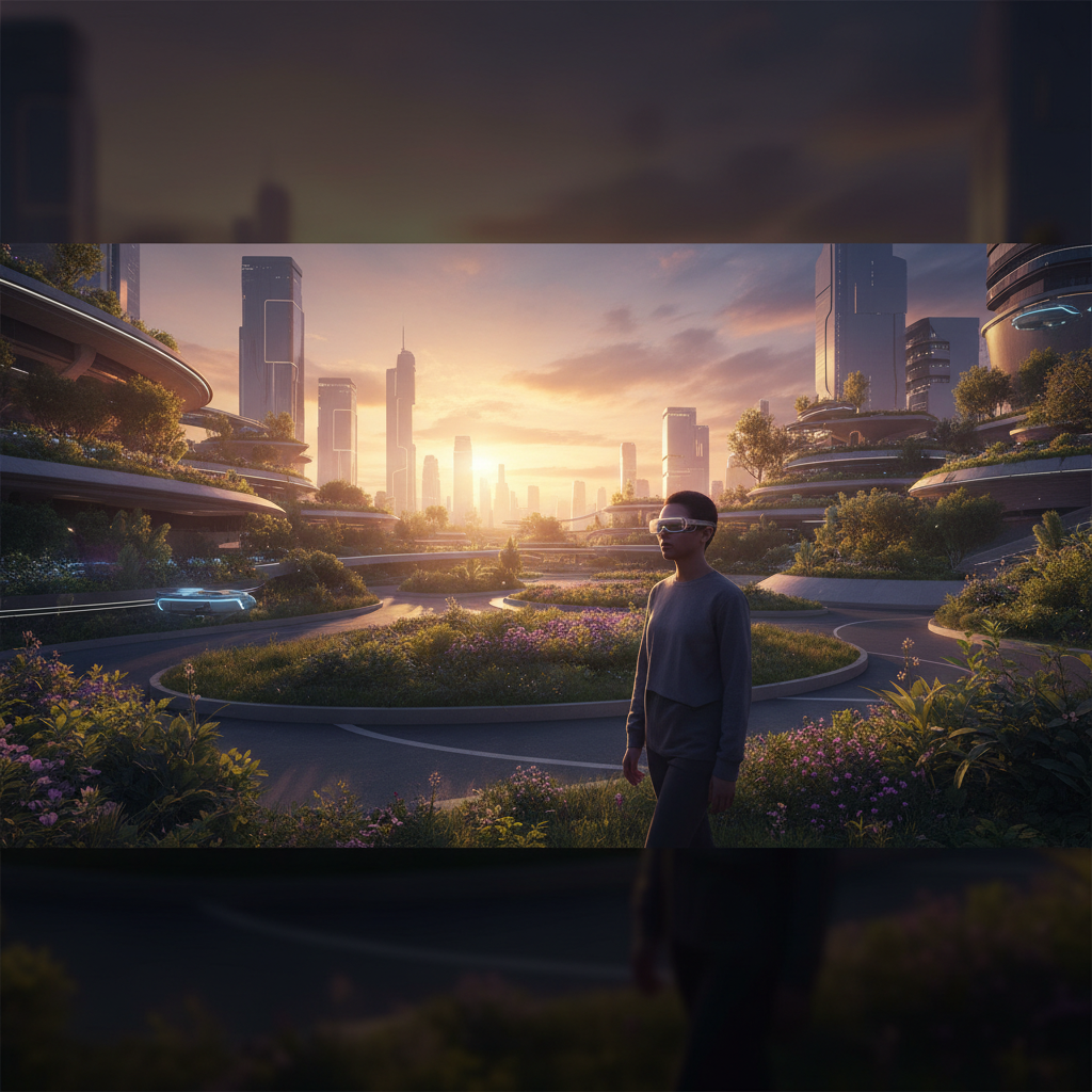 Una persona con gafas futuristas camina por un paisaje urbano verde con edificios modernos, jardines frondosos y un cielo anaranjado al atardecer, donde se aprecia un vehículo flotante.