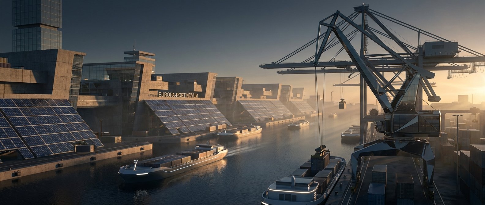 Vista de un puerto moderno y sostenible al amanecer, con edificios de arquitectura contemporánea que integran paneles solares. En el canal se observan barcazas automatizadas transportando contenedores, y grúas portuarias de gran tamaño activas. El texto 'EUROPA-PORT NOVUM' es visible en la fachada de uno de los edificios.