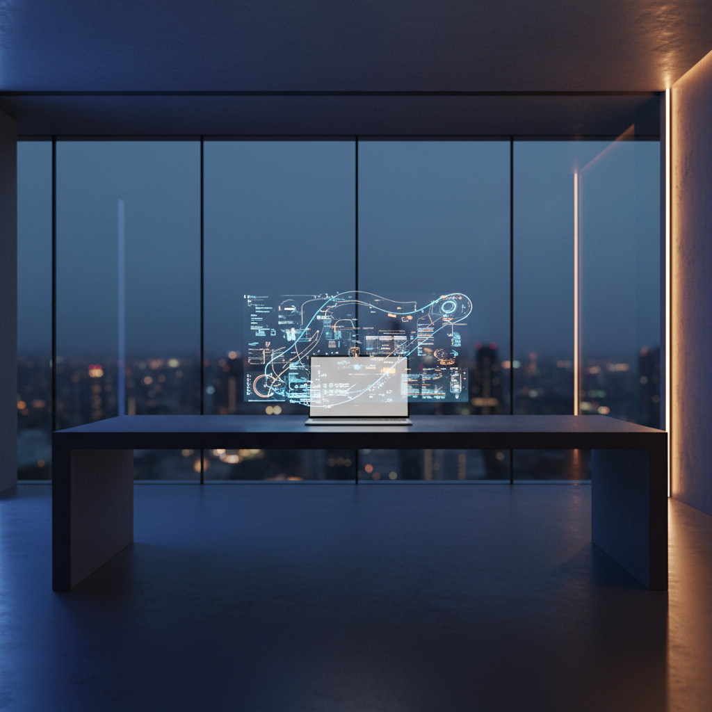 Portátil sobre un escritorio en una oficina con una gran pantalla holográfica mostrando datos y gráficos. Al fondo se ve la ciudad de noche a través de las ventanas.