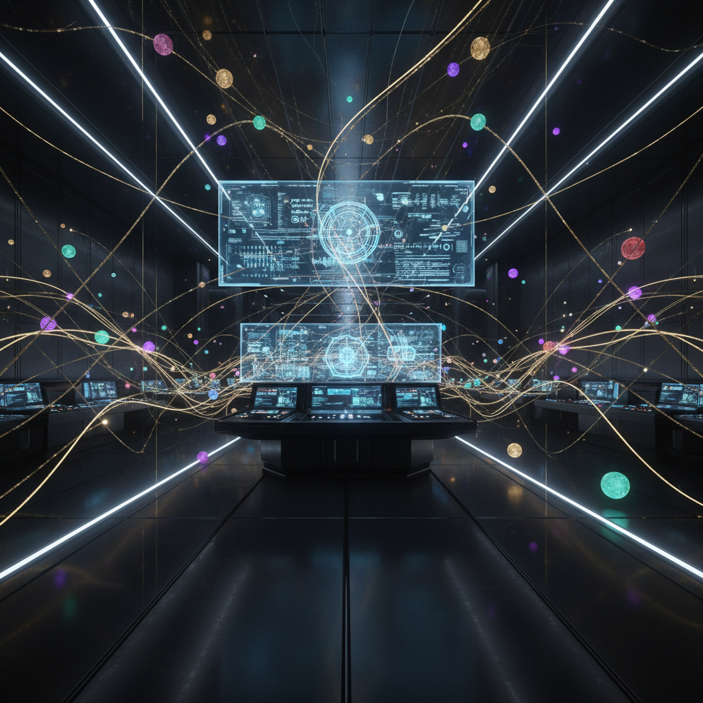 Sala de control tecnológica con pantallas holográficas, consolas operativas y una red de esferas de datos luminosas interconectadas por líneas de energía.