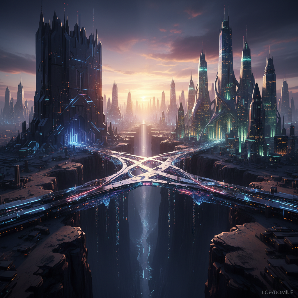 Vista panorámica de una ciudad futurista al atardecer, con rascacielos imponentes y luminosos, un complejo sistema de puentes sobre un cañón profundo y una cascada de luz.