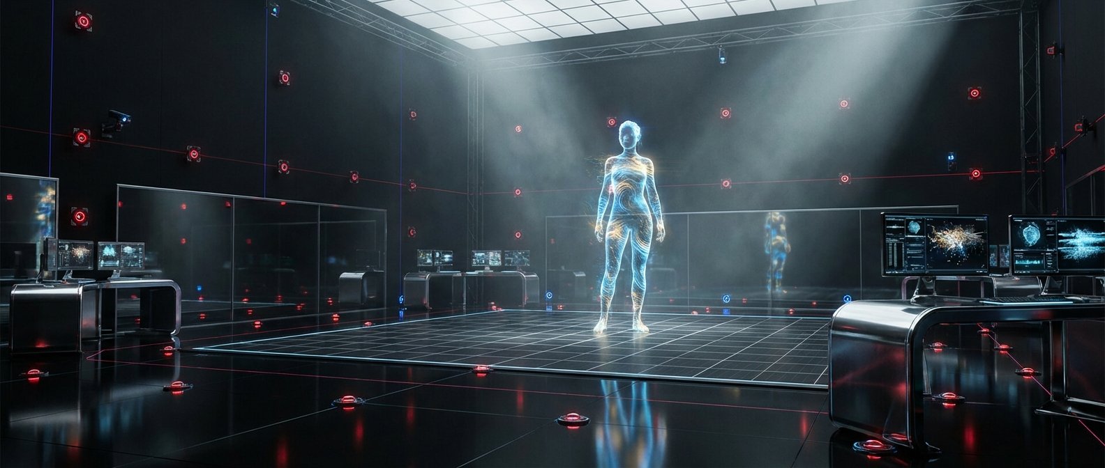 Holograma azul y naranja de una figura humana de pie en el centro de un laboratorio futurista oscuro. El suelo tiene una rejilla iluminada y las paredes están equipadas con sensores rojos y azules conectados por líneas láser. A los lados se ven estaciones de trabajo con múltiples monitores que muestran gráficos y datos complejos.