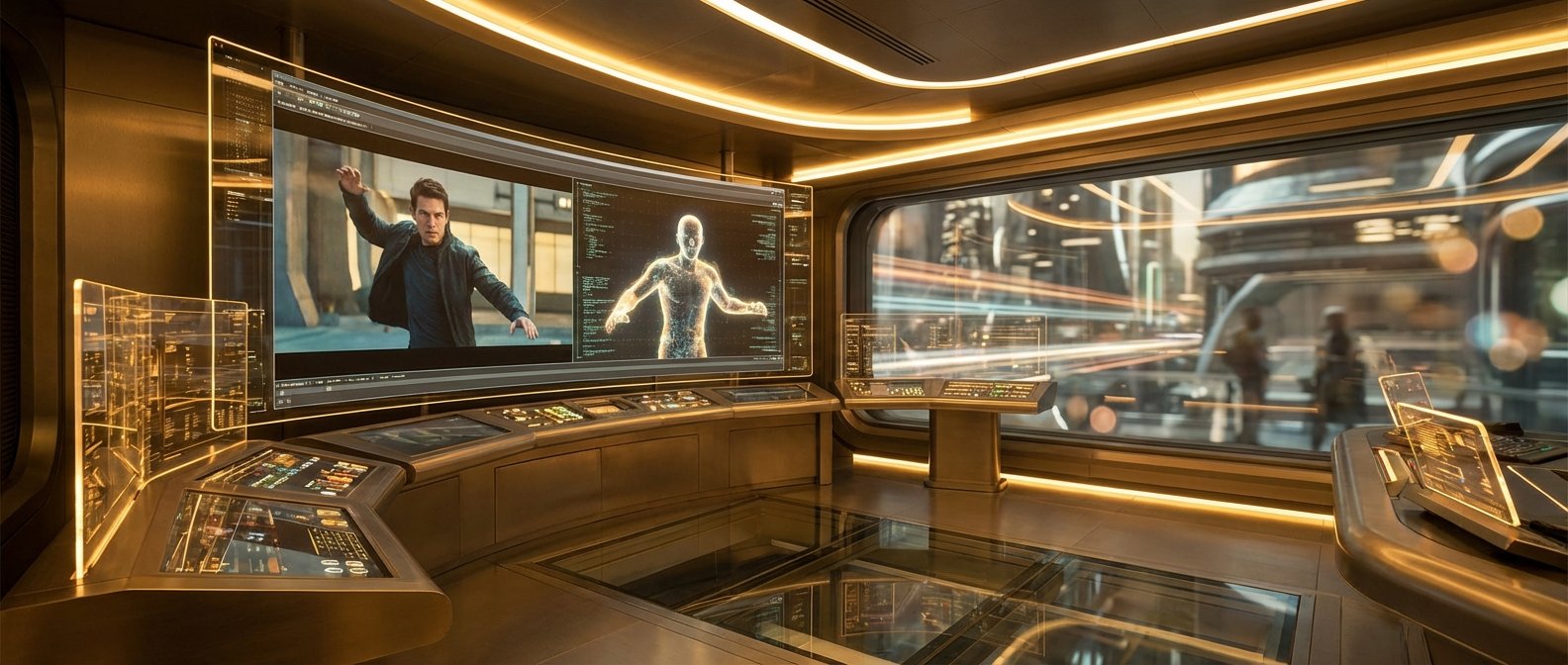 Una sala de control de alta tecnología con un diseño futurista en tonos dorados. Un gran monitor curvo muestra al actor Tom Cruise en una escena de acción y un holograma de un cuerpo humano rodeado de datos. En el escritorio curvo se ven varias pantallas táctiles y paneles transparentes con interfaces de usuario. Una ventana a la derecha ofrece una vista borrosa de una ciudad futurista con estelas de luz, y el suelo es de cristal reflectante.} {