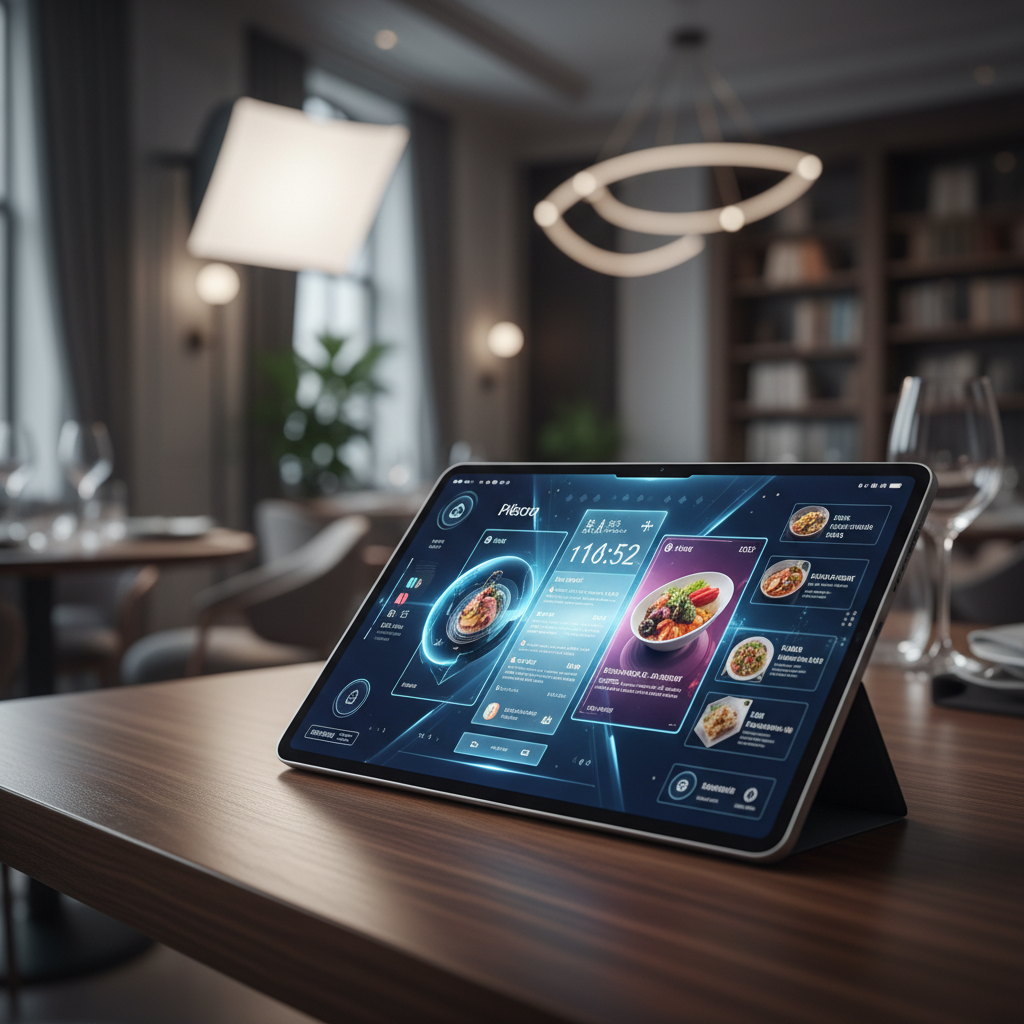 Tablet con menú digital de restaurante sobre una mesa de madera. La pantalla muestra diferentes platos de comida con una interfaz futurista azul y un temporizador.