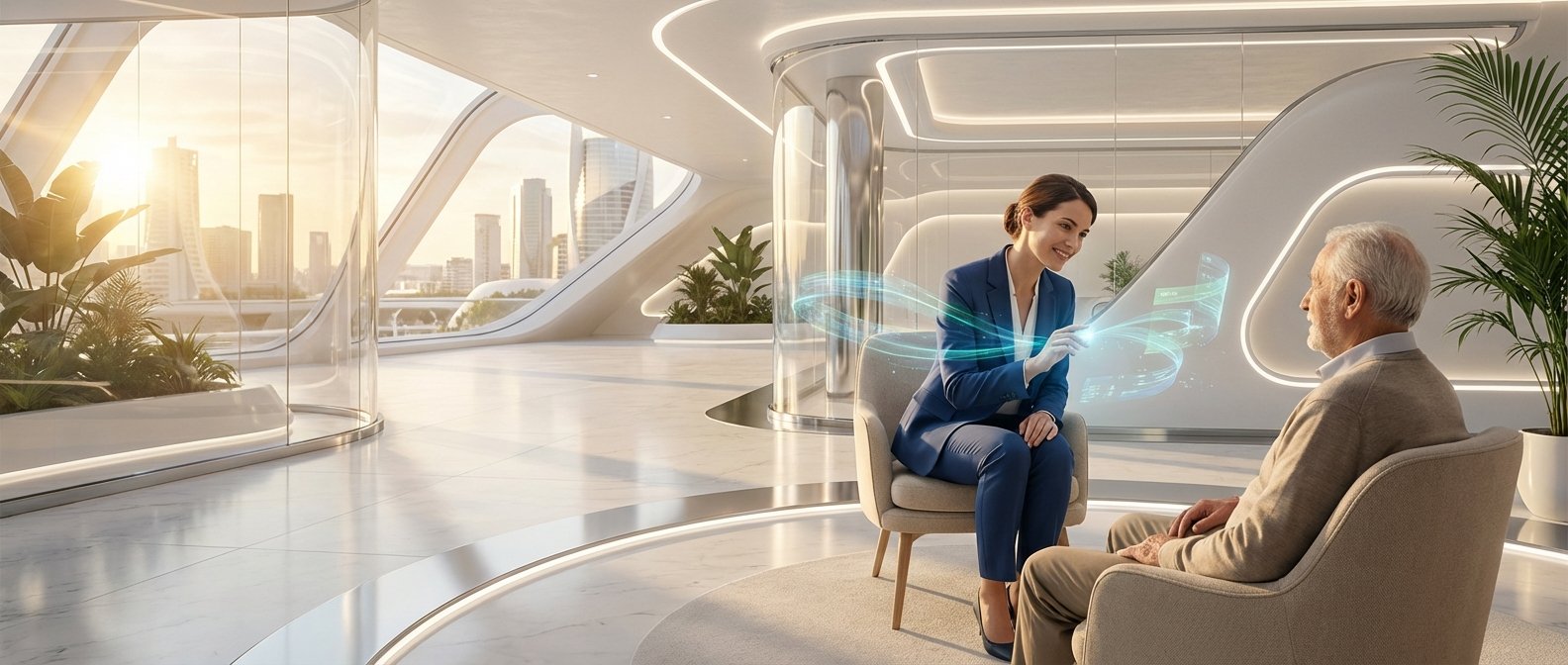 Una mujer de negocios sonriente interactúa con una interfaz holográfica en el aire mientras un hombre mayor la observa, sentados en un salón futurista con grandes ventanales y vistas a una ciudad al atardecer.