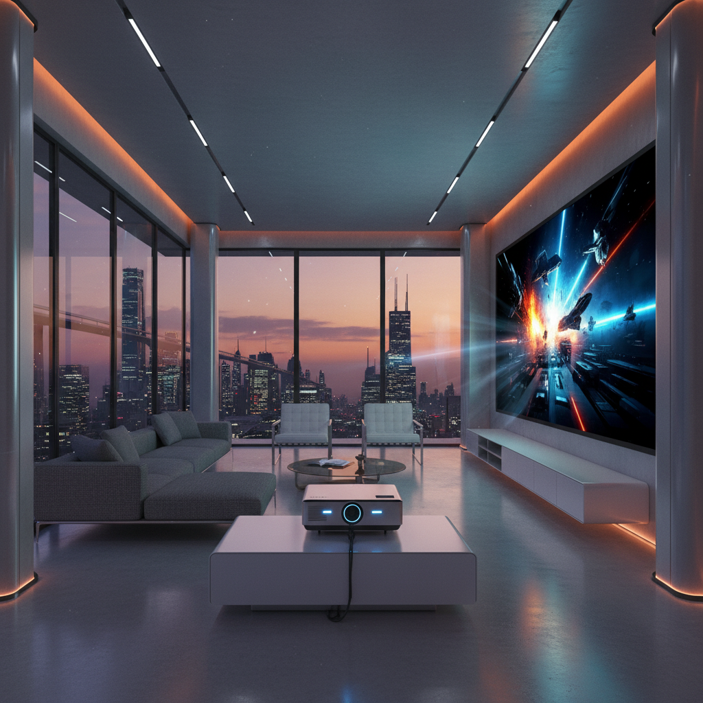 Salón de lujo moderno con un proyector de cine en casa mostrando una escena de batalla espacial en una gran pantalla. La habitación tiene un sofá seccional gris, dos sillones blancos y ventanales amplios con vistas a la ciudad al atardecer, incluyendo rascacielos. La iluminación ambiental incluye tiras LED naranjas y luces de techo blancas.