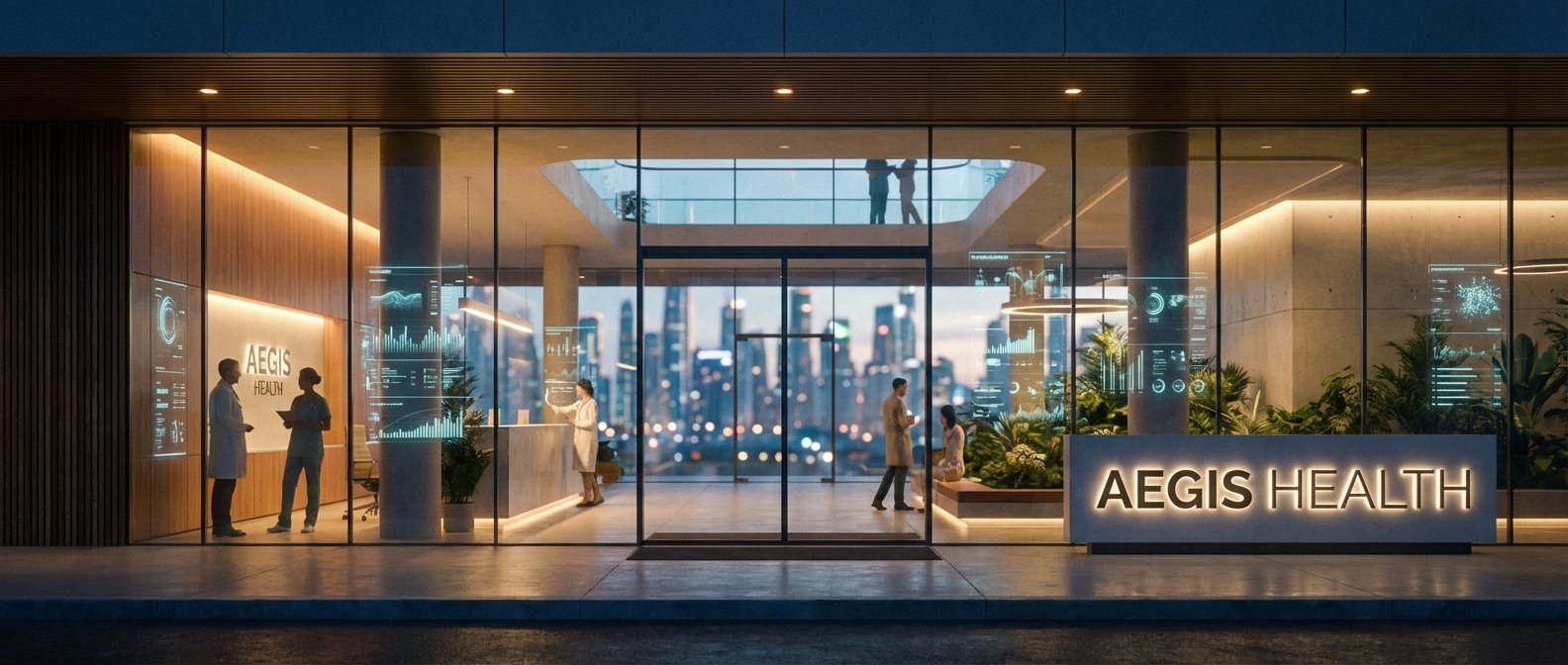 Entrada principal iluminada de noche de un moderno centro de salud Aegis Health con fachada de vidrio, personal médico, pantallas holográficas interactivas y un skyline urbano de fondo.