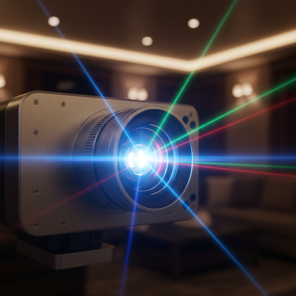 Proyector moderno de color plata emitiendo un haz de luz azul brillante y múltiples rayos láser de colores (azul, verde, rojo) en una habitación con poca luz.