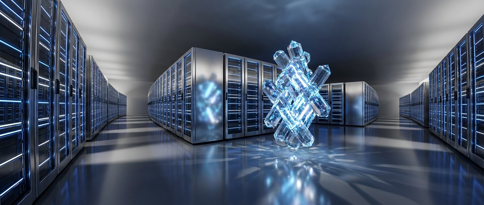 Sala de servidores moderna con hileras de racks iluminados en azul y una estructura central de cristales brillantes.