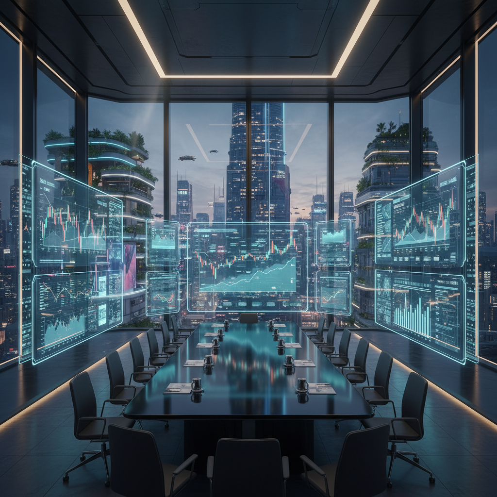 Interior de una sala de reuniones futurista con una larga mesa de conferencias y sillas ergonómicas. Grandes ventanales ofrecen vistas a una ciudad moderna con rascacielos iluminados y vehículos voladores. Múltiples pantallas holográficas flotantes muestran gráficos de datos financieros y de mercado frente a la vista de la ciudad.