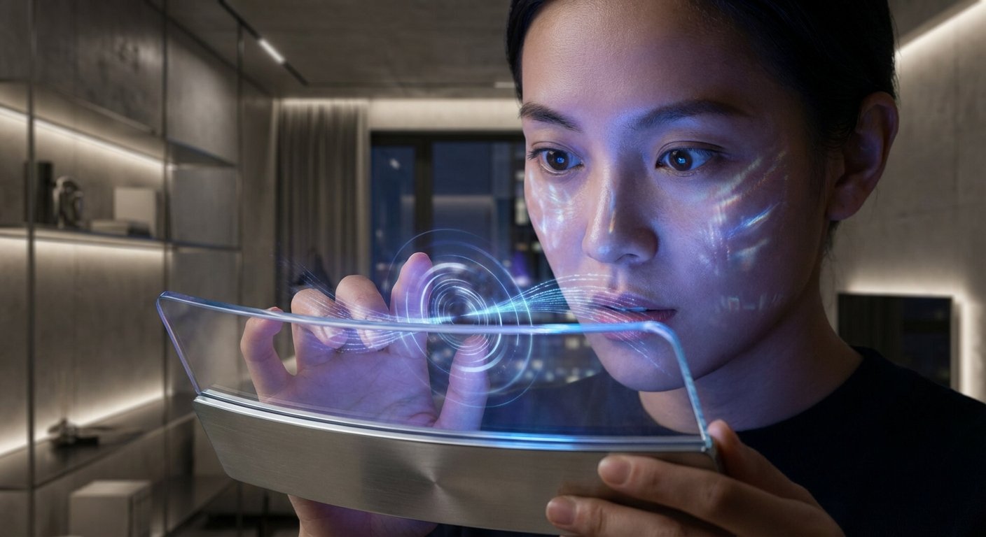 Mujer asiática joven interactuando con una pantalla holográfica transparente que proyecta luz azul y datos en su rostro, en un entorno interior moderno.