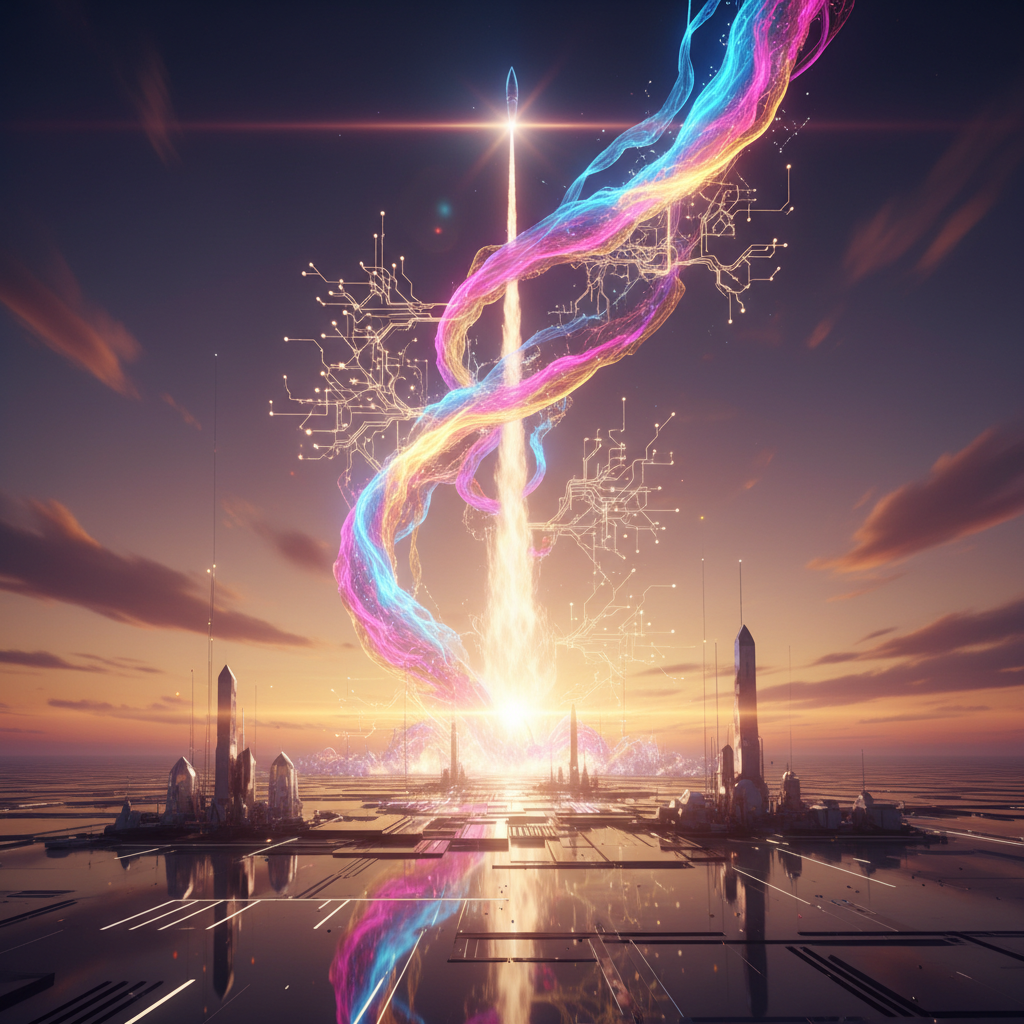 Un cohete espacial despega desde una ciudad futurista al atardecer, rodeado de energía de colores vibrantes y circuitos digitales que se reflejan en la superficie.