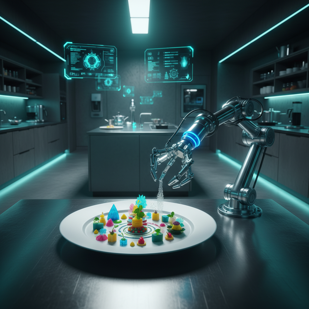 Un brazo robótico con detalles luminosos azules vierte delicadamente partículas blancas sobre un plato blanco que contiene postres artísticos y coloridos. El entorno es una cocina futurista con iluminación LED azul y pantallas holográficas flotantes que muestran información tecnológica.