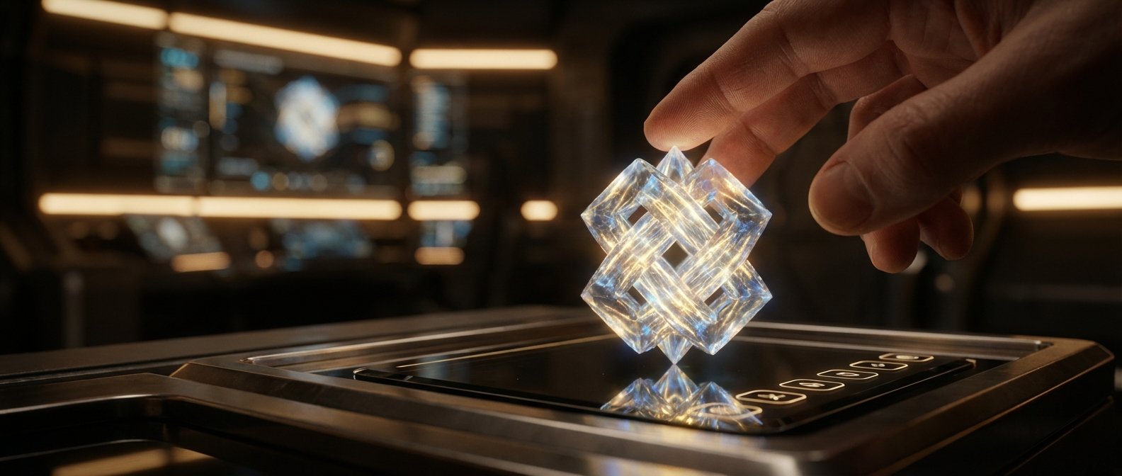 Una mano humana toca suavemente un objeto cristalino brillante con forma entrelazada, que se refleja en una superficie de consola futurista con botones iluminados, y un fondo desenfocado de paneles tecnológicos.