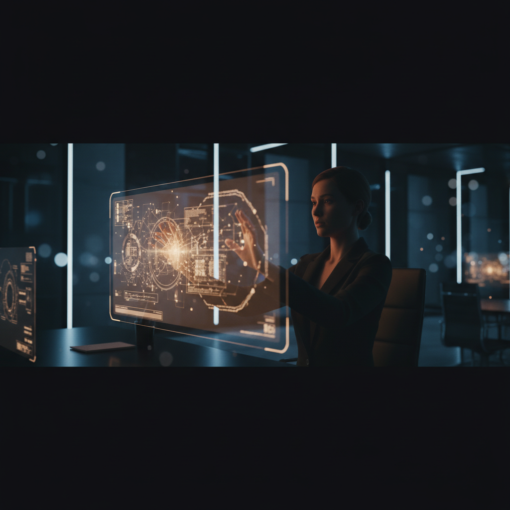 Mujer de negocios interactuando con una pantalla holográfica transparente que muestra gráficos y datos técnicos en una oficina moderna.