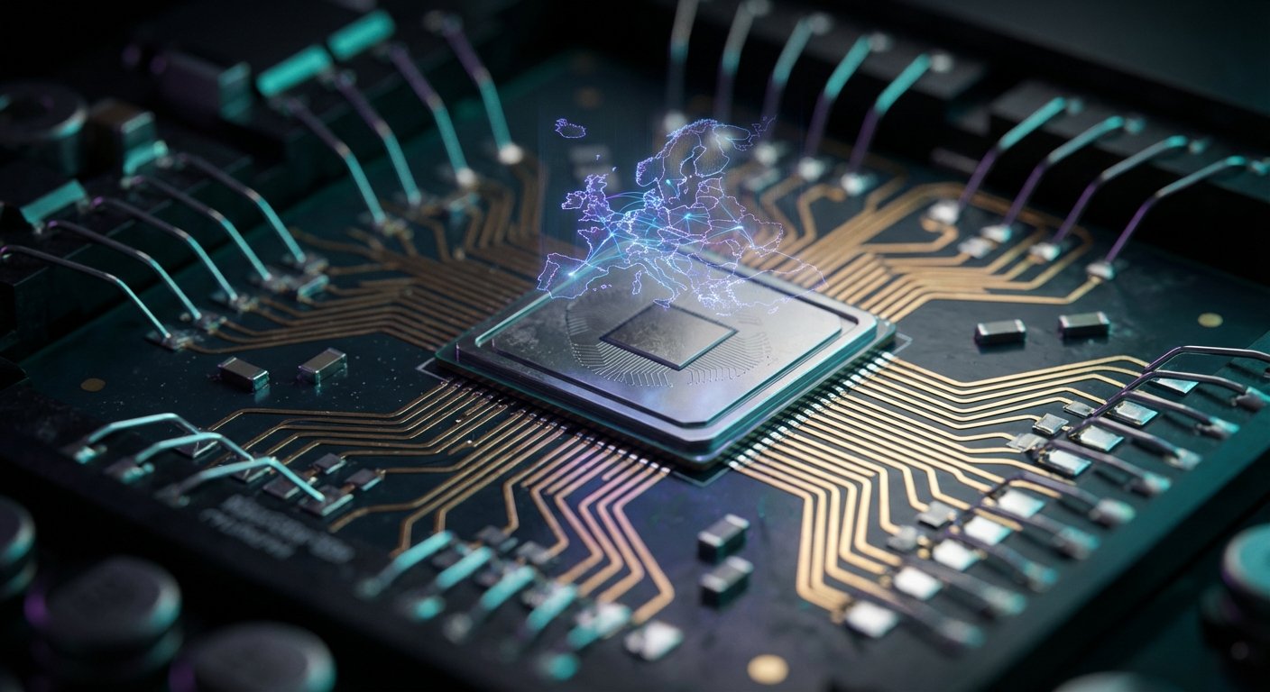 Primer plano de un microprocesador en una placa de circuito, con una proyección digital del mapa de Europa y una red de puntos conectados sobre él, rodeado de componentes electrónicos y pistas doradas.