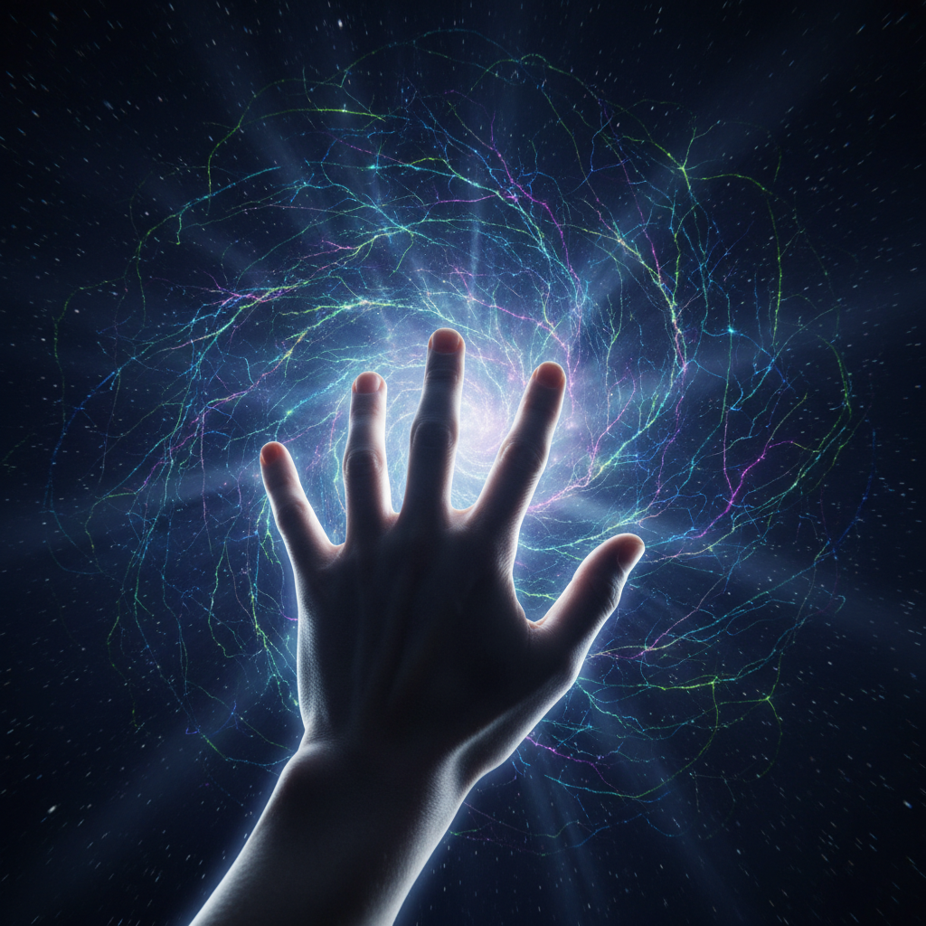 Mano humana silueteada extendiéndose hacia un torbellino de energía luminosa con filamentos eléctricos azules, verdes y púrpuras, sobre un fondo espacial oscuro.
