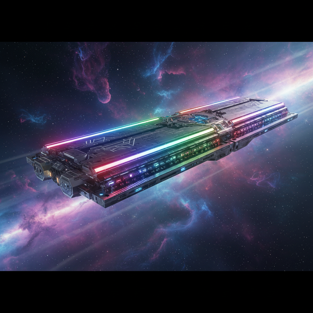 Nave espacial futurista de diseño rectangular con franjas de luces LED multicolores (rojo, verde, azul) que viaja a través de un espacio profundo con nebulosas púrpuras, azules y estrellas.