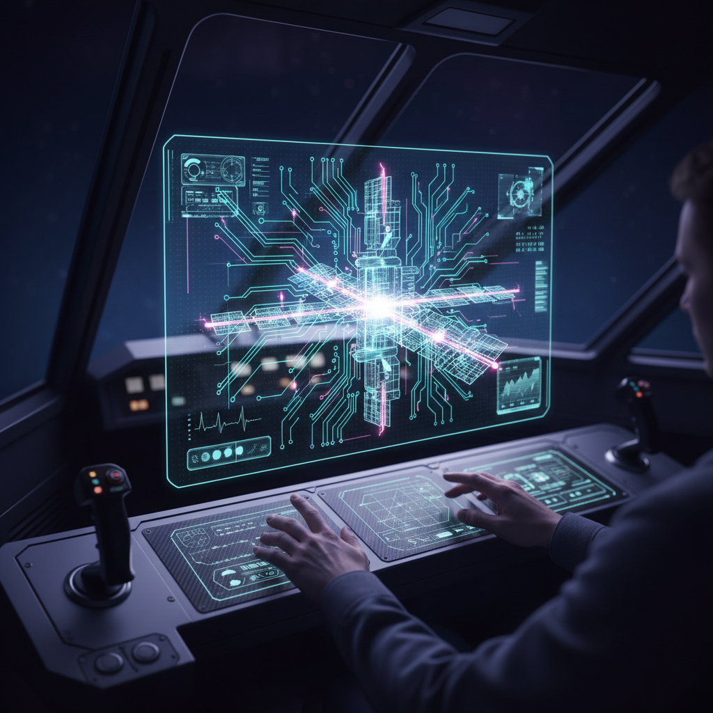 Una persona con las manos sobre un panel de control en una cabina futurista. Frente a ellos, una gran pantalla holográfica translúcida muestra un diagrama de circuitos electrónicos luminosos, un objeto central brillante, gráficos de datos y lecturas técnicas.