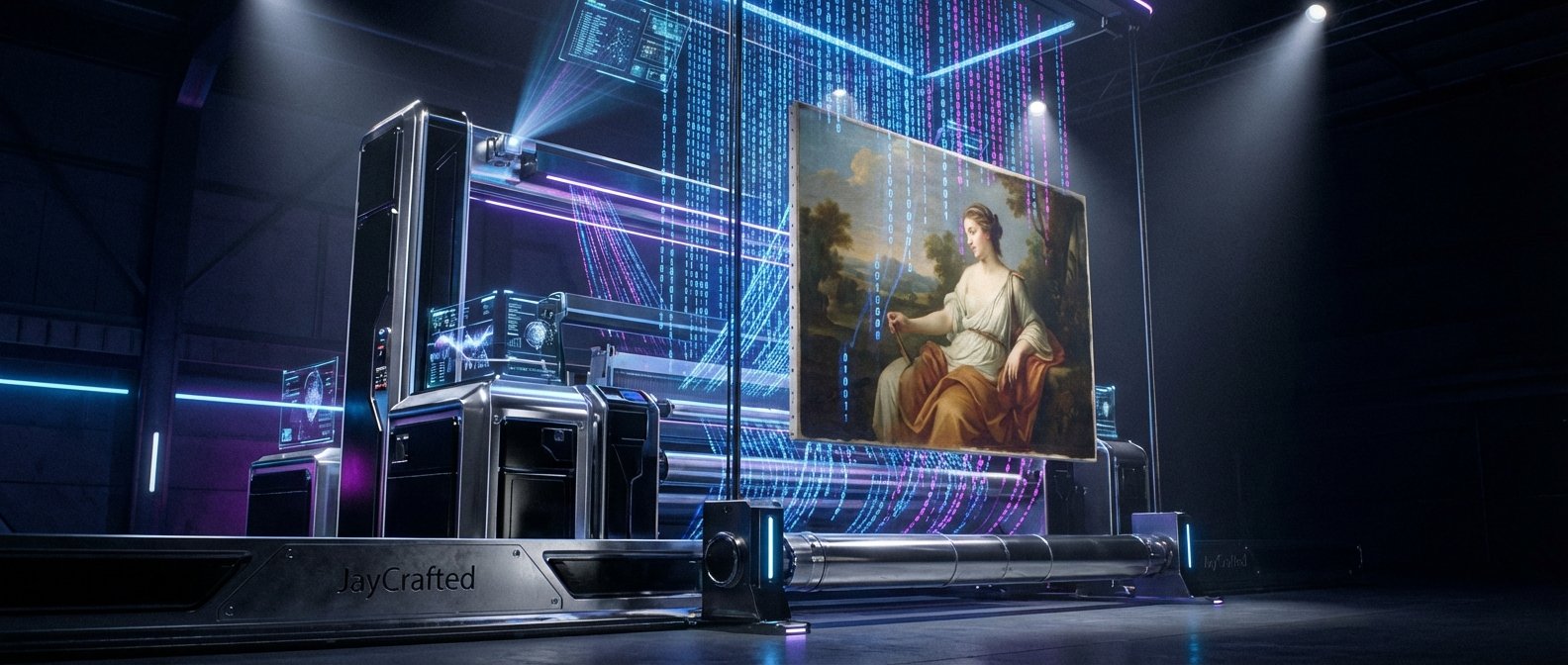 Una pintura clásica de una mujer en un paisaje, exhibida en un entorno oscuro con focos. Alrededor de la obra y sobre maquinaria metálica se proyectan datos binarios azules y morados, junto con haces de luz láser y pantallas holográficas que muestran gráficos y huellas dactilares. El logo JayCrafted es visible en la base.