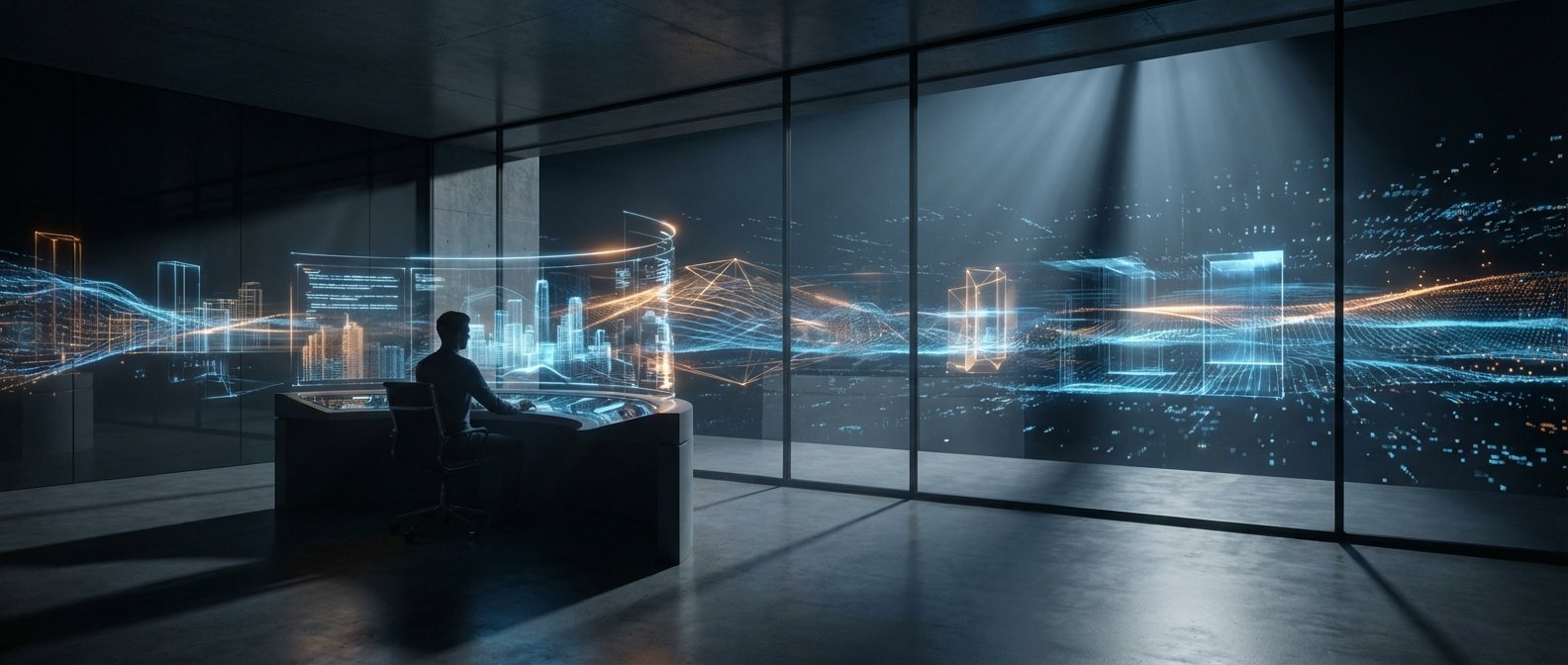 Hombre en una oficina futurista sentado frente a un escritorio con pantallas interactivas, visualizando una ciudad digital con edificios en wireframe azul y naranja, datos y gráficos proyectados en grandes ventanales de cristal.