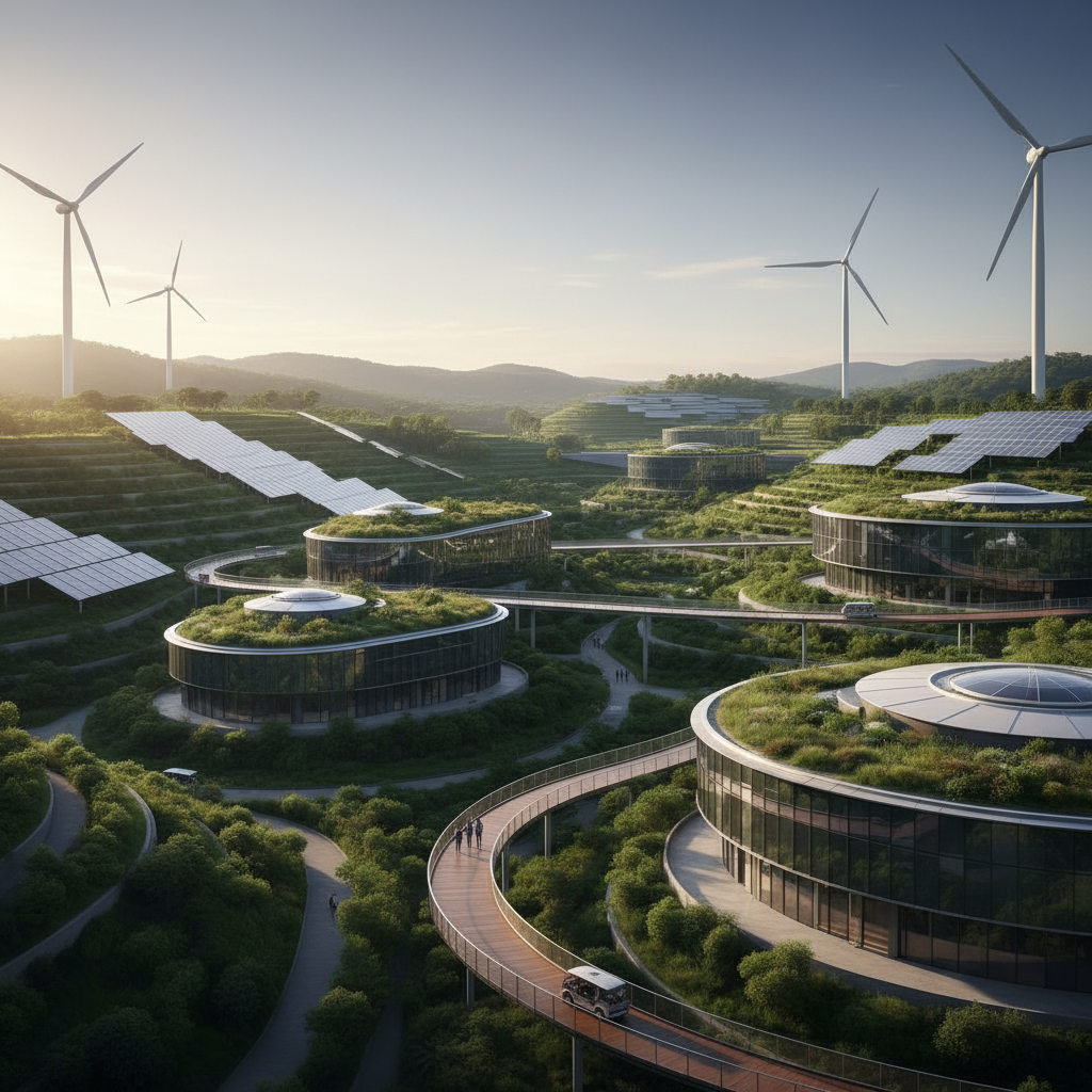 Ciudad sostenible en un paisaje montañoso con edificios de techos verdes circulares, pasarelas elevadas, campos de paneles solares en terrazas y molinos de viento.