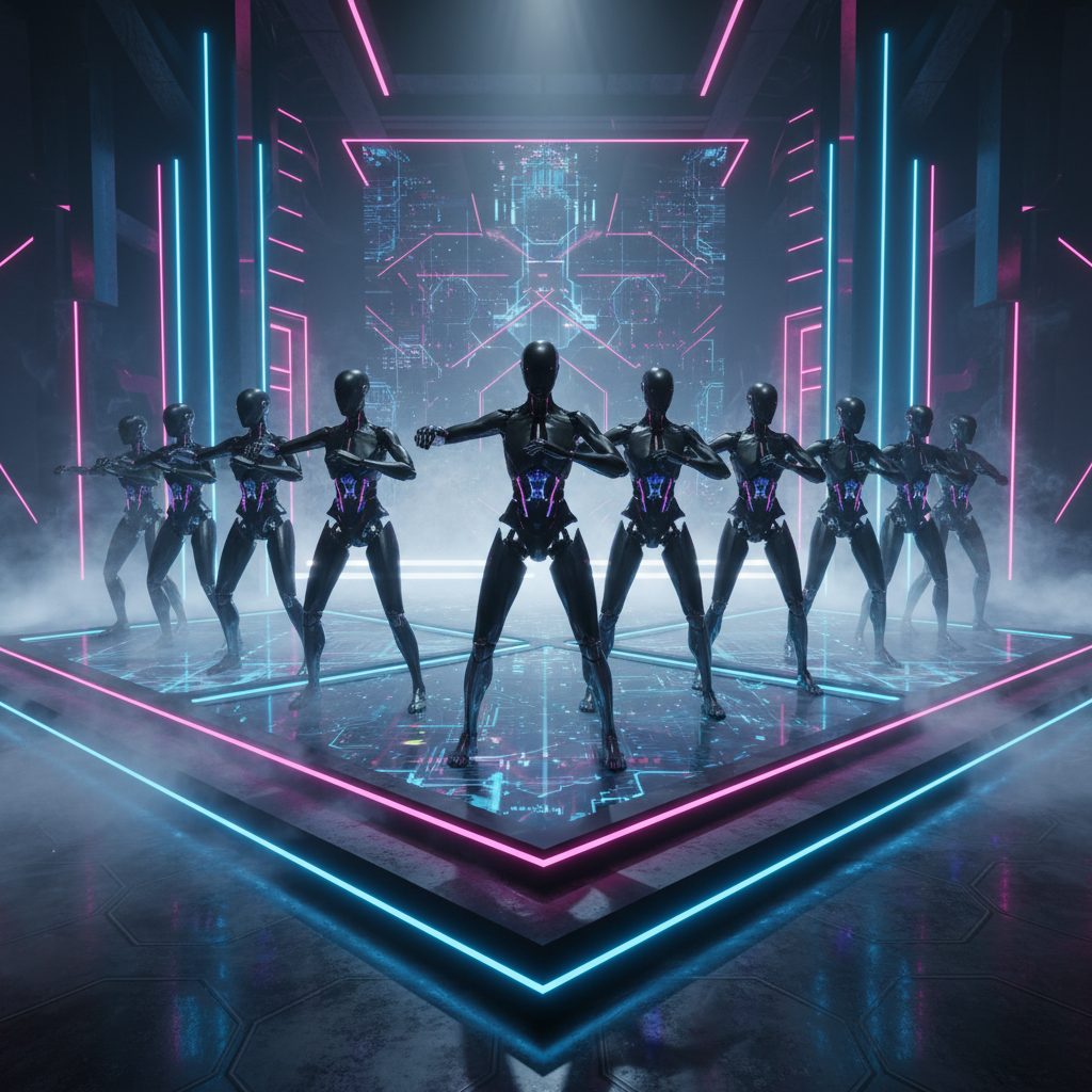 Un grupo de robots humanoides negros con luces de neón azul y rosa en el cuerpo, realizando una coreografía sincronizada sobre un escenario futurista iluminado con neones y niebla, con un fondo de circuito digital.} {