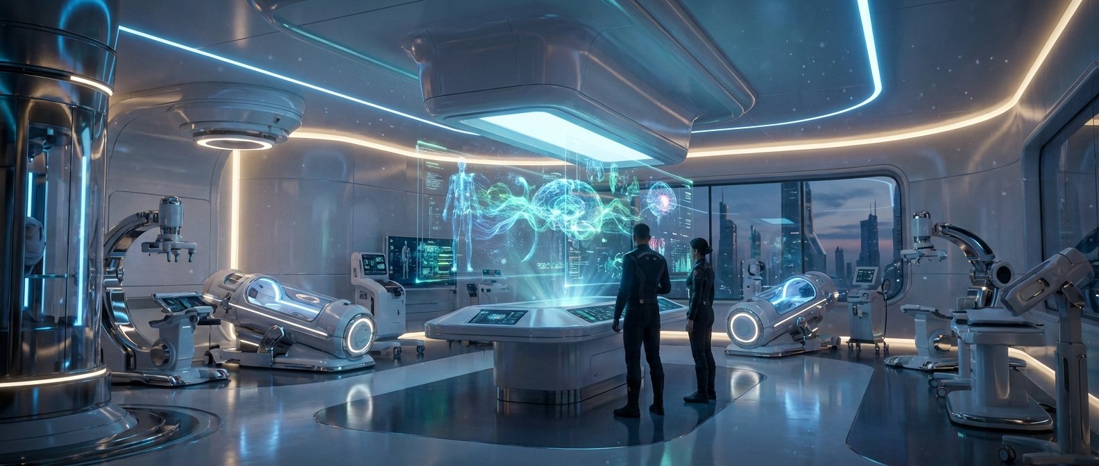 Interior de un laboratorio médico futurista con paredes blancas y luces de neón azules. Dos personas observan un holograma proyectado desde una mesa central que muestra un cerebro y un esqueleto humano. A los lados, hay cápsulas de tratamiento y equipos robóticos avanzados. Por la ventana se divisa una ciudad futurista al atardecer.