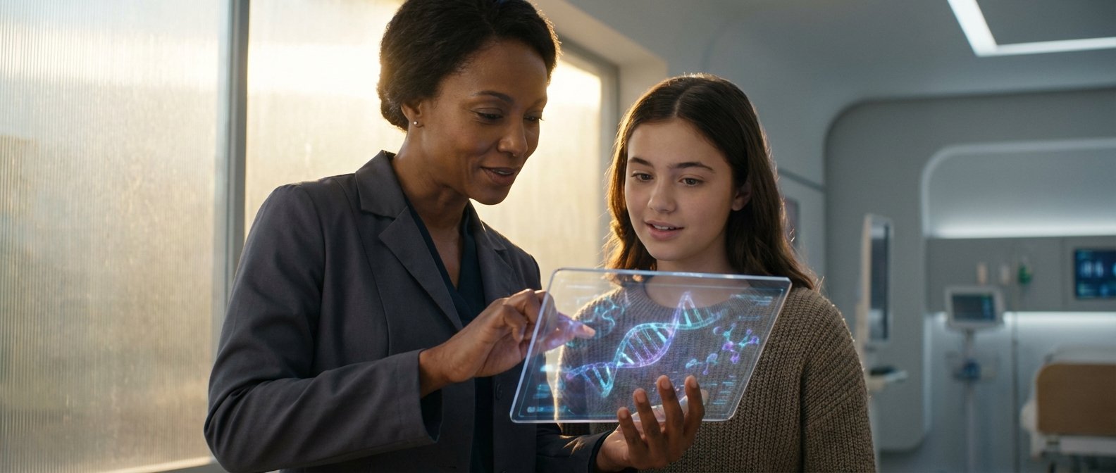 Una mujer adulta y una joven miran juntas una tableta transparente que muestra una doble hélice de ADN brillante y estructuras moleculares en un entorno médico moderno.