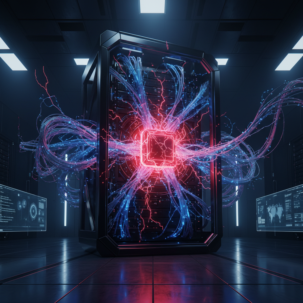 Rack de servidor futurista con un procesador central rojo brillante emitiendo energía y cables de fibra óptica azules en un centro de datos oscuro con pantallas de datos holográficas.