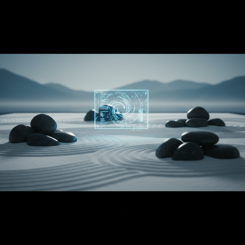 Un jardín zen de arena blanca con patrones rastrillados, grupos de piedras oscuras y una pantalla holográfica azul brillante en el centro mostrando datos y un diseño espiral, con montañas borrosas al fondo.