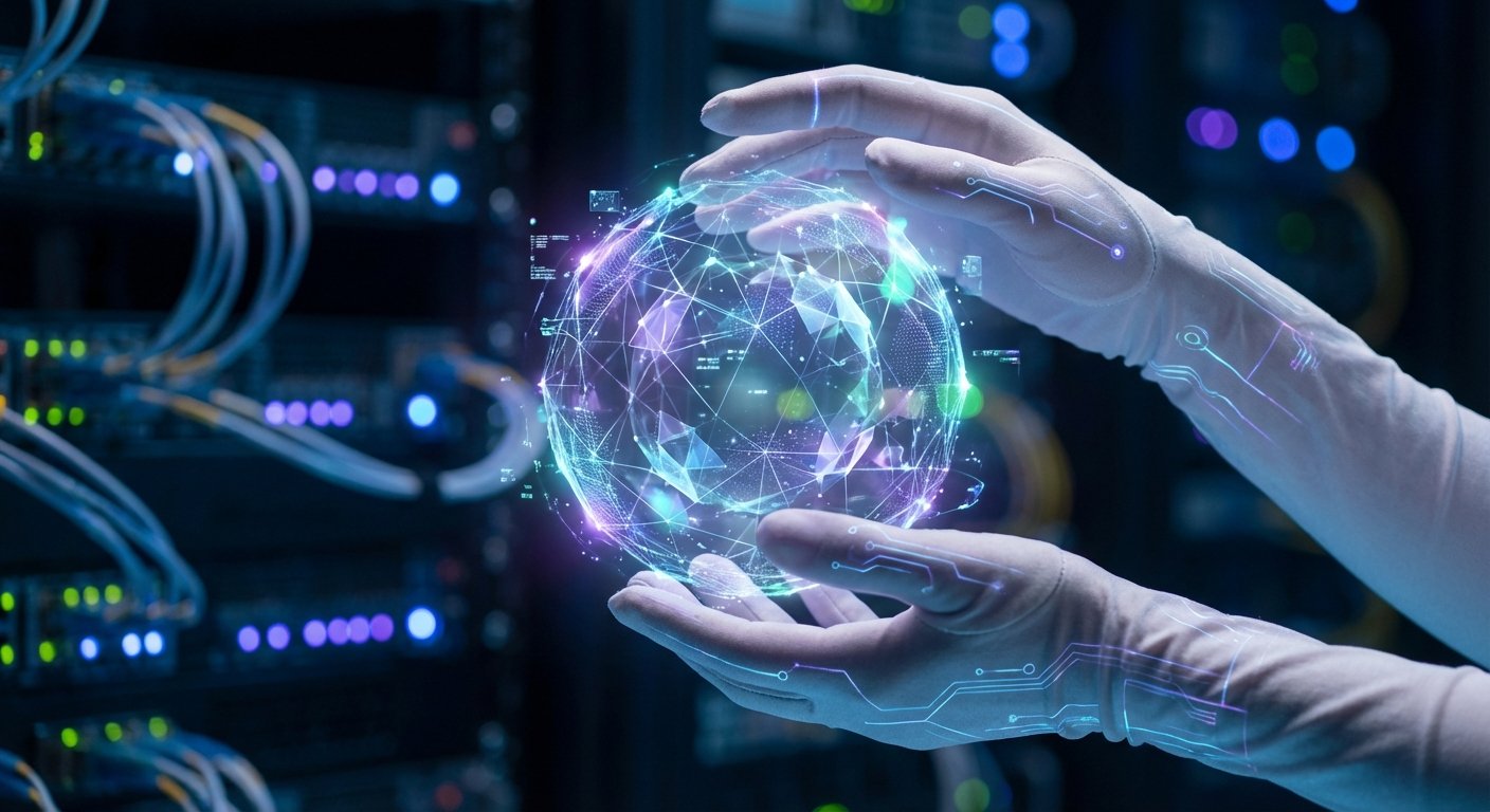 Manos enguantadas con patrones de circuito sosteniendo una esfera digital luminosa que simboliza una red de datos global, con un fondo borroso de racks de servidores en un centro de datos.