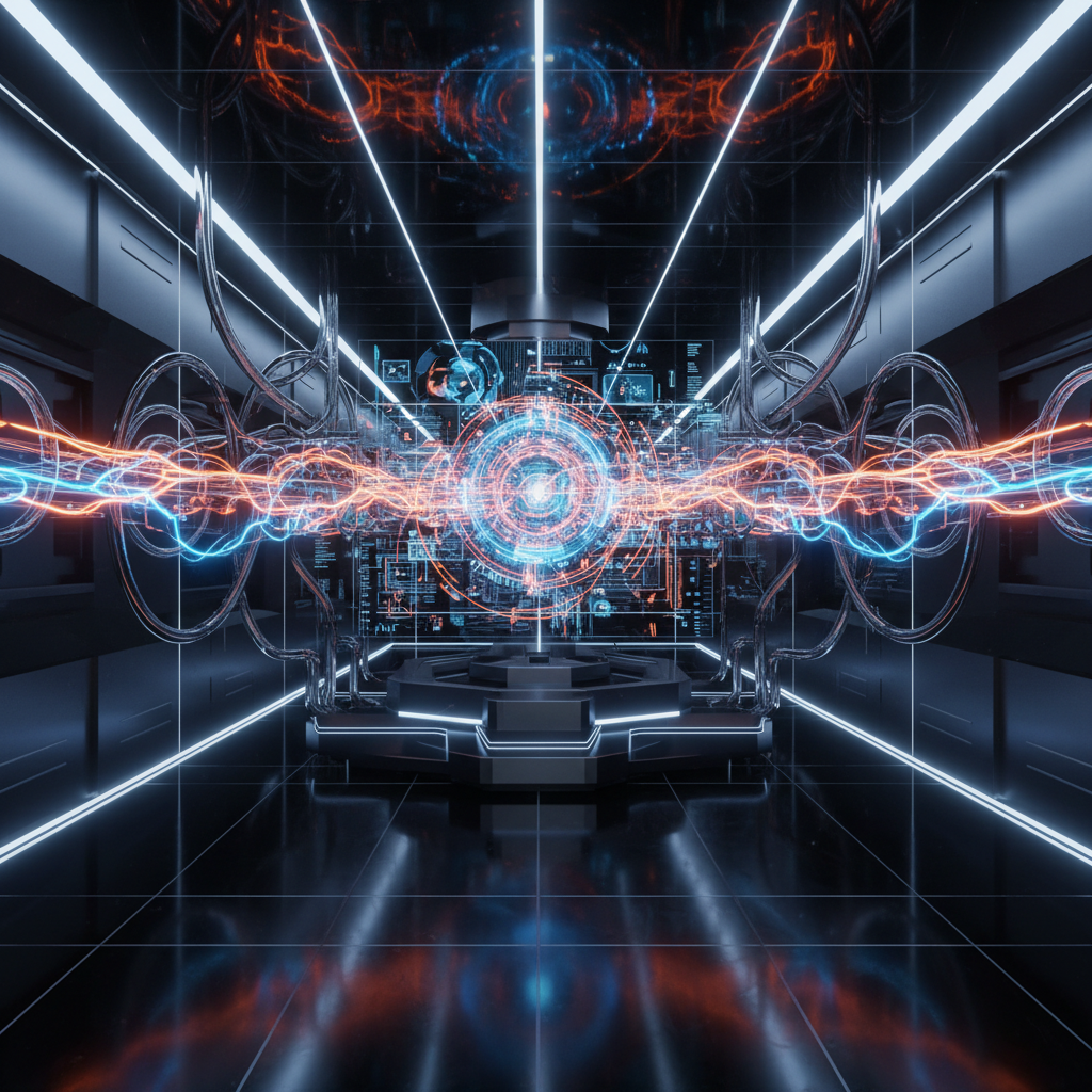 Sala de control futurista con un núcleo central brillante de energía azul y naranja, rodeado de interfaces holográficas y flujos de datos luminosos que se extienden lateralmente.