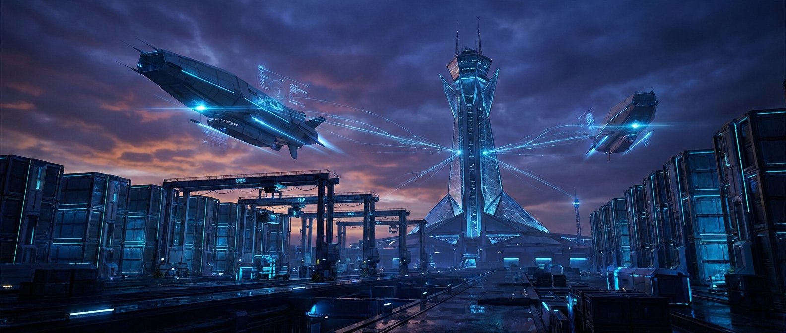 Puerto espacial futurista al atardecer, con una gran torre de control central iluminada en azul, rodeada de contenedores modulares y grúas. Dos naves espaciales surcan el cielo, emitiendo trazas de luz y datos holográficos.