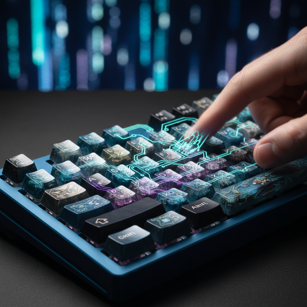 Una mano presionando una tecla en un teclado mecánico azul con keycaps translúcidas de resina que contienen diseños de circuitos. Líneas de luz cian y magenta, simulando conexiones de circuito, se extienden desde la tecla pulsada a otras teclas. El fondo es oscuro con luces verticales borrosas que sugieren datos digitales.