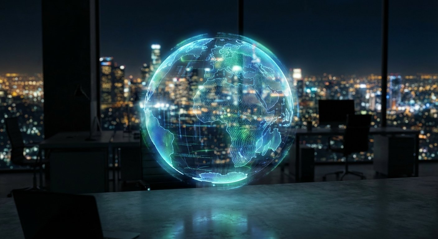 Un holograma 3D del planeta Tierra, brillante en tonos azules y verdes, proyectado sobre un escritorio de oficina oscuro. Al fondo, se aprecia un ventanal con una vista nocturna borrosa de rascacielos y luces de una gran ciudad.