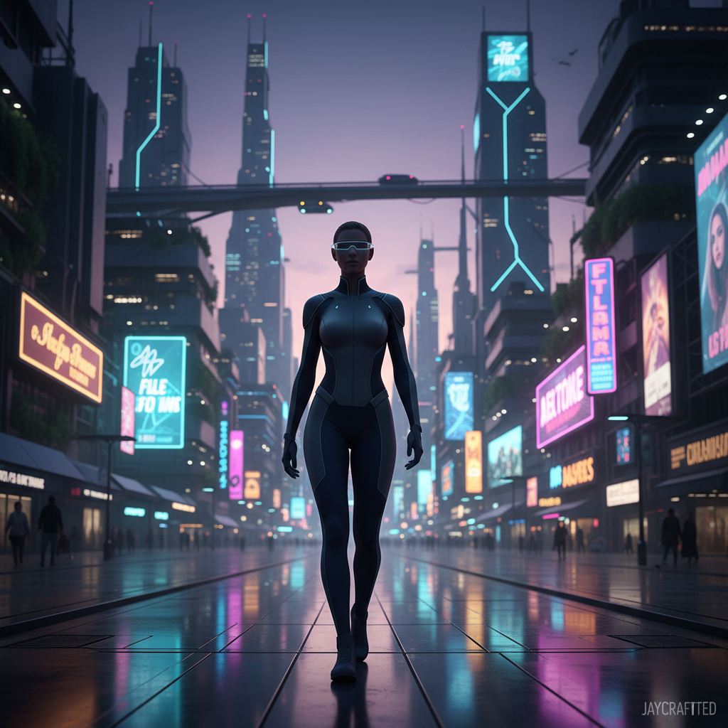 Cinematic wide shot of a person walking through a futuristic urban environment wearing minimalist, ultra-sleek AR smart glasses. Studio lighting with subtle teal and orange accents, soft bokeh background of a high-tech Las Vegas-style boulevard, 8k resolution, JayCrafted aesthetic, panoramic composition.