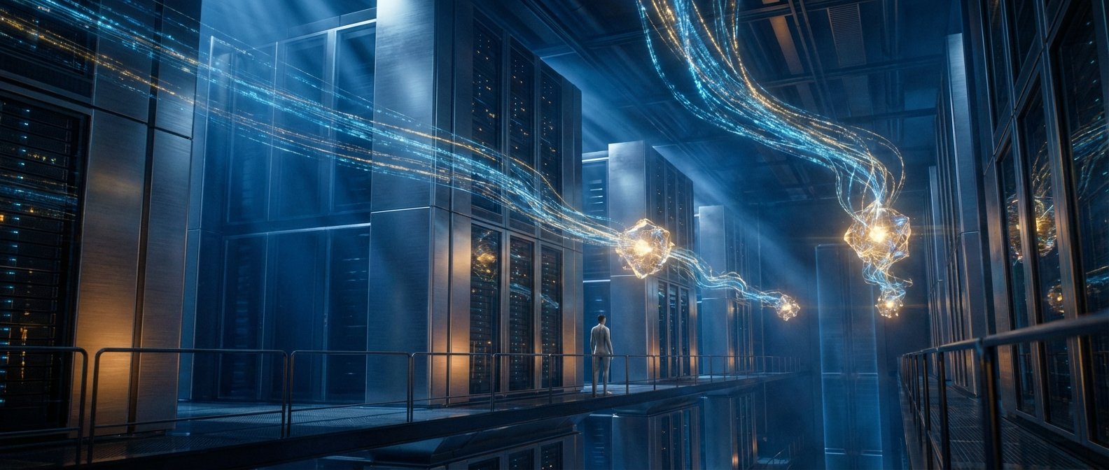 Un hombre observa en un centro de datos futurista con filas de servidores iluminados y nodos de datos luminosos conectados por flujos de luz azules y dorados.