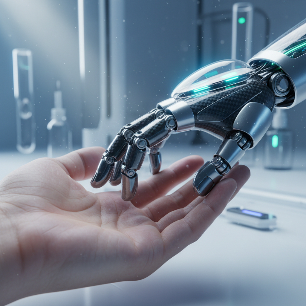Una mano humana abierta con la palma hacia arriba se encuentra debajo de una mano robótica futurista de metal pulido y fibra de carbono con detalles luminosos azul verdosos. El fondo borroso es un laboratorio científico.} {