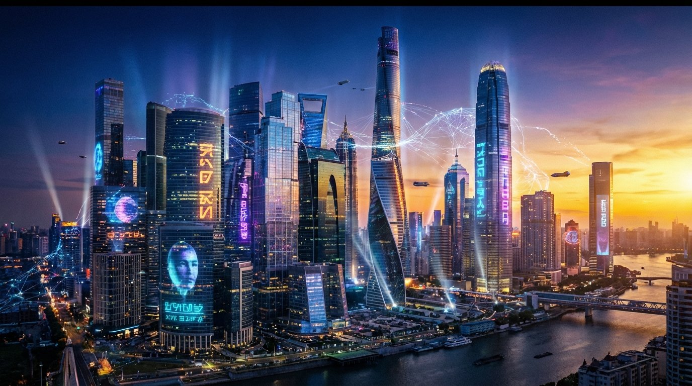 Ciudad futurista al atardecer con rascacielos iluminados por luces de neón y pantallas holográficas que muestran caras, planetas y símbolos. Se aprecian vehículos voladores y una red de luces interconectadas en el cielo sobre un río con puentes.