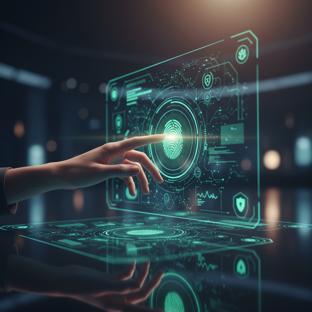 Mano interactuando con una pantalla holográfica verde que muestra un escáner de huellas dactilares central, circuitos y símbolos de seguridad. La interfaz se refleja en una superficie oscura.