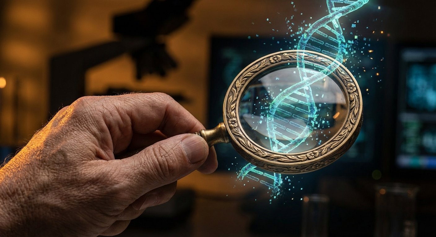 Una mano sostiene una lupa antigua que magnifica una estructura de ADN digital brillante y fragmentada, con un fondo borroso de laboratorio.} {