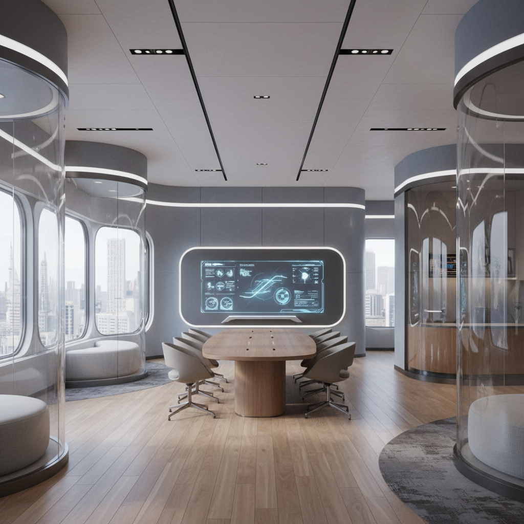 Sala de reuniones moderna y futurista con una gran mesa de madera, sillas ergonómicas y una pantalla digital interactiva mostrando datos. Se aprecian ventanas ovaladas con vistas a la ciudad y espacios de descanso en cubículos de cristal.
