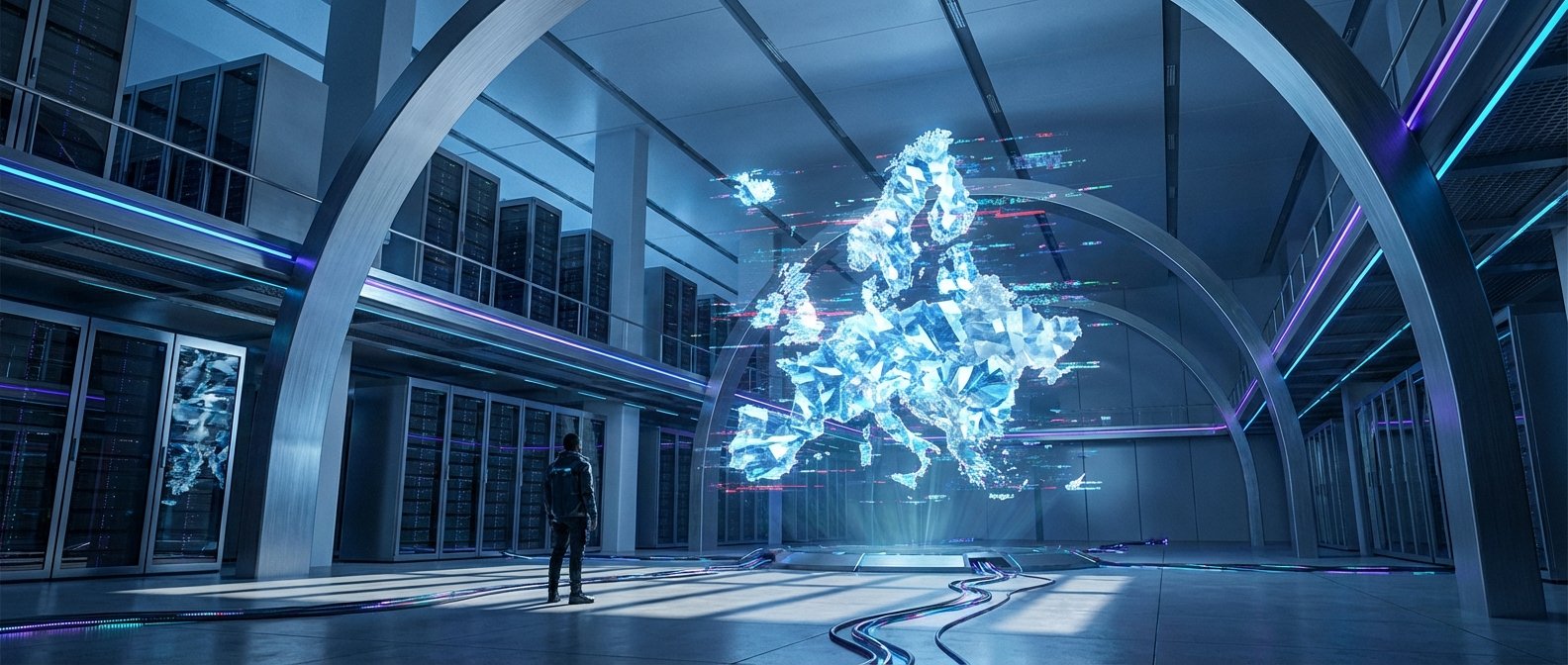 Un hombre de pie en un centro de datos futurista observa un mapa holográfico 3D de Europa hecho de cristales brillantes. La sala está llena de estanterías de servidores y arcos metálicos con iluminación de neón azul y morada.