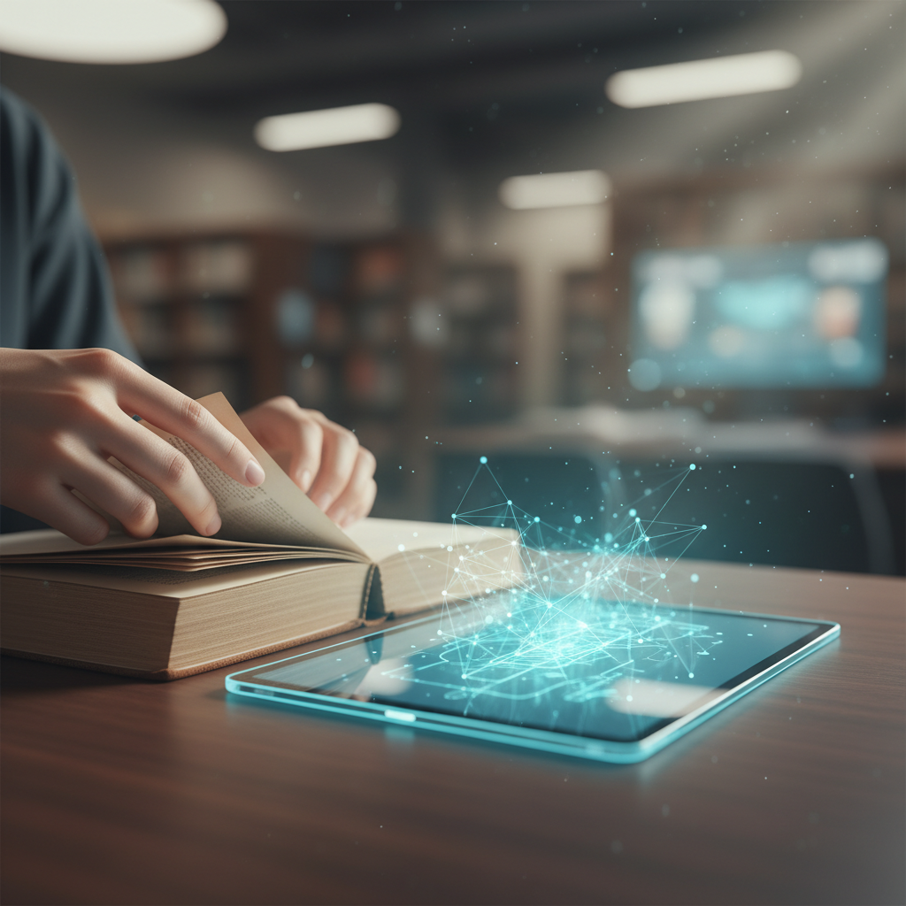 Manos de una persona hojeando un libro físico antiguo sobre una mesa, junto a una tablet que proyecta una red de datos digital brillante, en un ambiente de biblioteca.