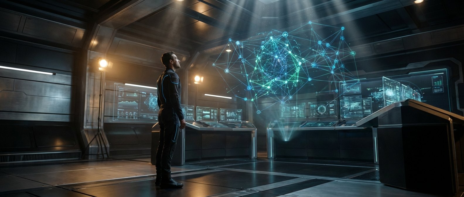 Un hombre en un traje futurista observa una gran red holográfica de datos que brilla en una sala de control de alta tecnología con múltiples pantallas.