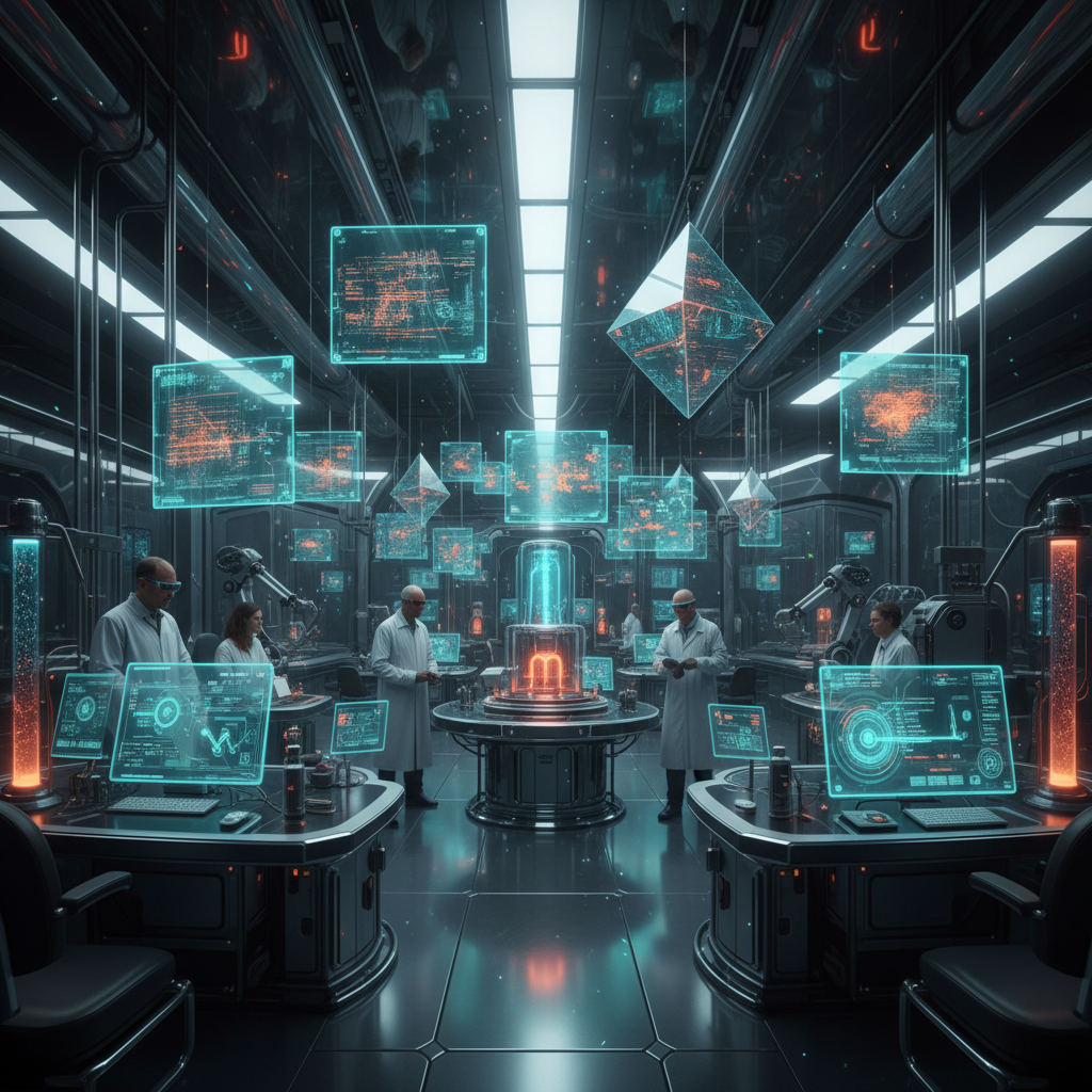 Varios científicos con batas blancas y gafas futuristas trabajan en un laboratorio de alta tecnología. El entorno oscuro está lleno de pantallas holográficas flotantes que muestran datos complejos, una máquina central cilíndrica brillante en tonos azules y naranjas, y estaciones de trabajo con teclados virtuales y monitores. Columnas verticales de fluido luminoso naranja se ven en los laterales.